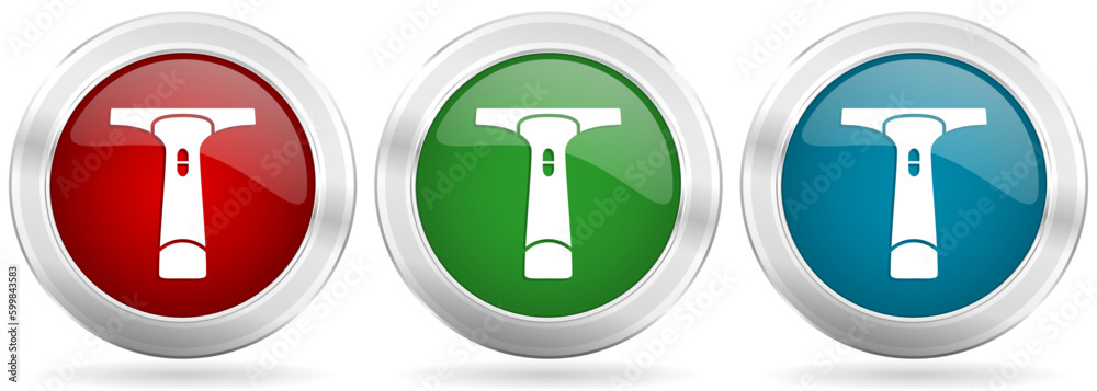 Poster window vacuum cleaner vector icon set. red, blue and green silver metallic web buttons with chrome b