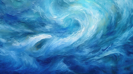 Mixed media painting of blue waves, abstract water background, visible impasto, crisp texture, swirling vortexes, atmospheric, generated with AI