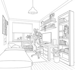 Girl gamer or streamer with a headset sits in front of a computer in a cozy room © Ekaterina Glazkova