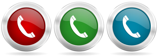 Phone, call, contact vector icon set. Red, blue and green silver metallic web buttons with chrome border