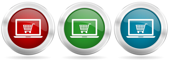 Online shop vector icon set. Red, blue and green silver metallic web buttons with chrome border