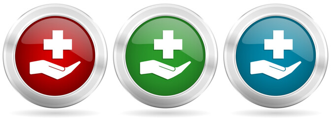 Obraz premium Hospital, medical help vector icon set. Red, blue and green silver metallic web buttons with chrome border
