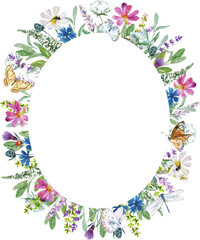 Watercolor wildflowers frame. Floral border for greeting card and invitation. Hand-painted botanical illustration for wedding, birthday and other 
