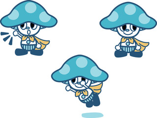 ヒーローの格好をしたきのこの擬人化キャラクターのセット　ベクターイラスト素材集