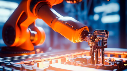 Arm robot working with Screen monitor control industrial machine robot arm line, smart modern factory automation using advanced machines, industrial 4. 0 manufacturing process,  Generative AI