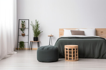 Empty Minimalist bedroom with a wooden stool and pouf, Generative AI