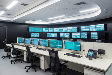 Empty interior of big modern security system control room, workstation with multiple displays, monitoring room with at security data center Empty office, desk, and chairs, Generative AI - obrazy, fototapety, plakaty