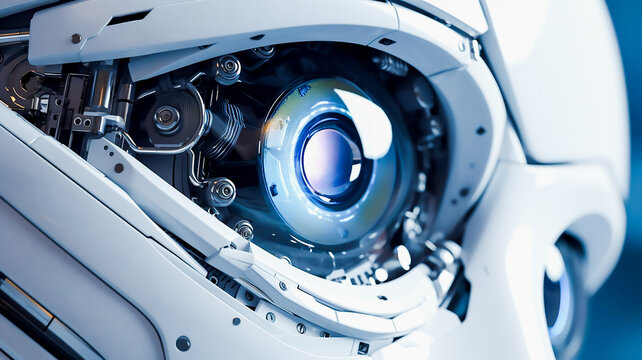 Close up eye of AI white robot, Generative AI
