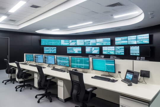 Empty interior of big modern security system control room, workstation with multiple displays, monitoring room with at security data center Empty office, desk, and chairs, Generative AI