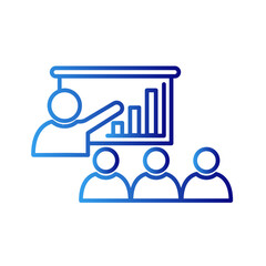 Presentation meeting icon with blue gradient outline style. graphic, teaching, black, strategy, room, finance, isolated. Vector Illustration
