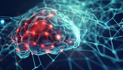 Obraz premium a blue brain surrounded by dots and connections, in the style of luminous atmosphere, light black and sky-blue. Generative AI