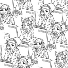 Abstract seamless pattern of diverse girls gamers or streamers sits in front of a computers.