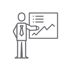 Presentation meeting icon with black outline style. graphic, teaching, black, strategy, room, finance, isolated. Vector Illustration
