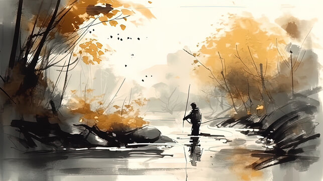 Illustration of a fisherman fishing on the river