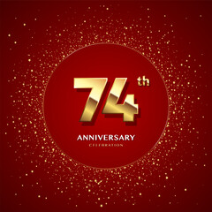 74th anniversary logo with gold numbers and glitter isolated on a red background