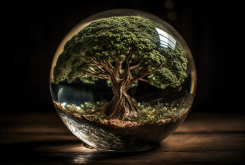 Tree inside a glass sphere representing the concept of the environment. Generative AI.