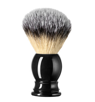 Shaving brush with black handle with raccoon fur isolated on white or transparent background