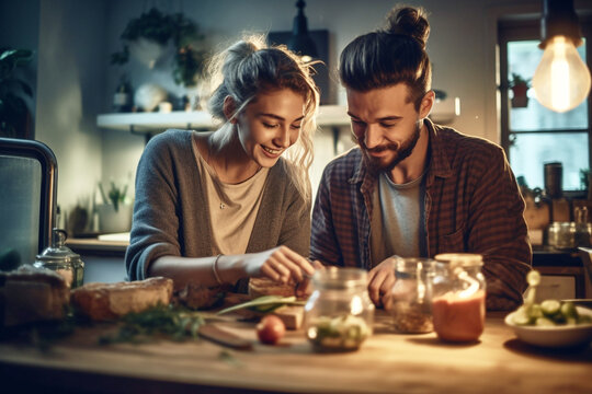 A Young Smiling Couple Preparing A Healthy Snack In The Kitchen Background, Healthy Fast Food Concept, Generative AI