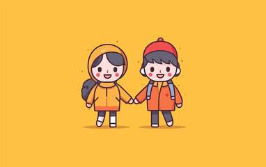 little kid holding hands with a friend and going to school
