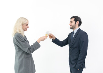 Businessman and businesswoman  wearing suit drinking champagne to celebrate success of investment agreement after meeting, teamwork and partnership concept on white background.