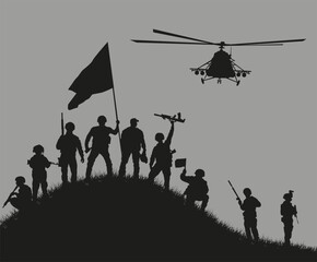 Naklejka na ściany i meble Silhouettes of soldiers who won the battle. The importance of victory. Vector graphics.
