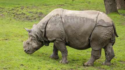 Obraz premium Beautiful profile portrait of a northern white rhinoceros on the grass looking down