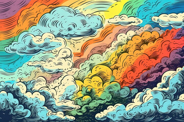 Fototapeta na wymiar Pencil drawing of the cloudy sky with the rainbow and its colors. Very colorful pop style. Generative AI.