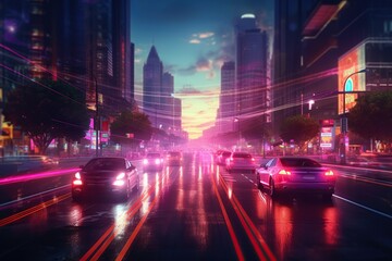 Car lights speed motion. Ai art. Night cityscape 