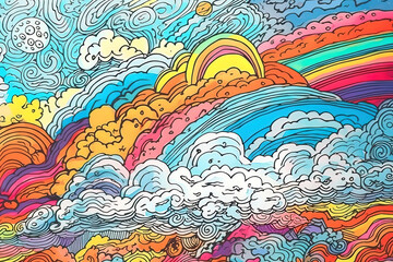 Pencil drawing of the cloudy sky with the rainbow and its colors. Very colorful pop style. Generative AI.