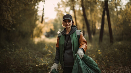 Obraz premium Portrait of a volunteer collecting rubbish from a park. Generative ai