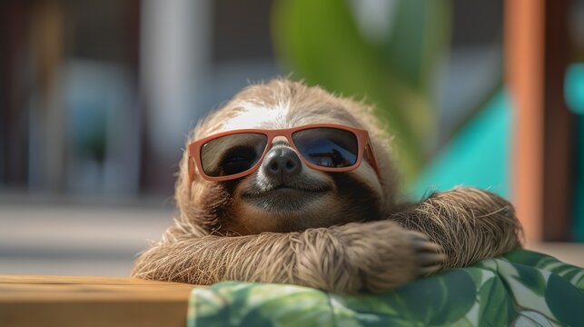 Cute baby sloth sunbathing in the Maldives, Generative AI