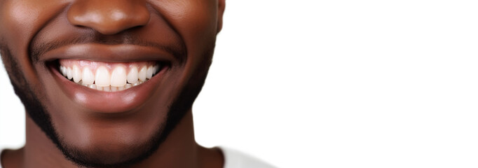 Naklejka premium A close up of a man's mouth with bright white teeth, copy space banner