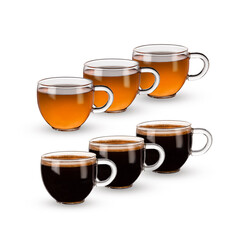 glass cups of tea and coffee isolated on white backgound