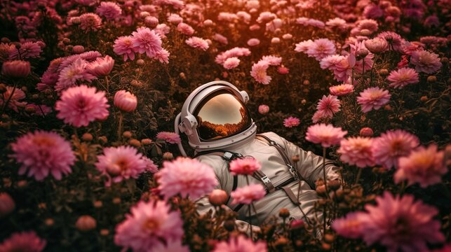 Astronaut lying among pink flowers on an alien planet, Generative AI
