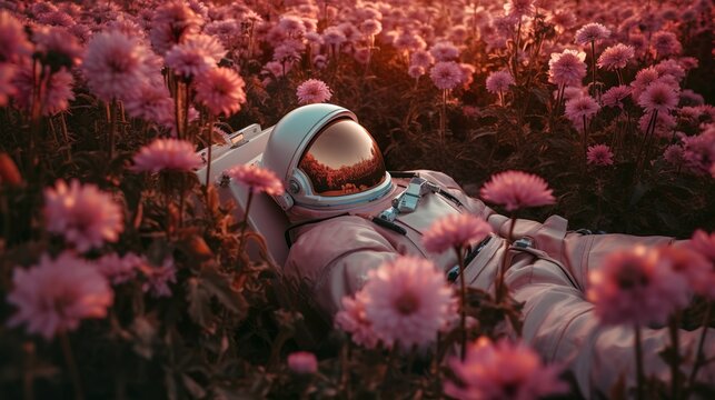 Astronaut lying among pink flowers on an alien planet, Generative AI