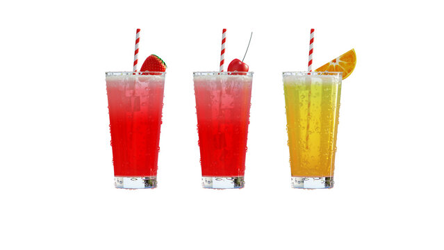 Fruits juice red cherry strawberry and orange in a glass with water drops 3D rendering
