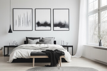Empty Minimalist Nordic Bedroom with Black and White Artwork, Generative AI