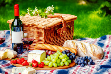 Beautiful summer romantic picnic on lawn on green grass in park. Bottle of red wine, baguete, cheese, grapes and fresh fruits on plaid on blurred landscape. Weekend. Summer holiday. Generative ai