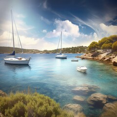 Bay with sailing boats, mediterranean sea, generative ai