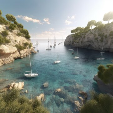 Bay with sailing boats, mediterranean sea, generative ai