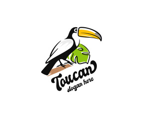 Exotic toucan bird sits on a tree branch in the rainforest jungle graphic design. Tropical toucan bird in natural wildlife environment logo design