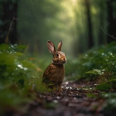Obraz premium Wild Rabbit in Rain Forest, Image Ai Generated