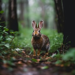 Naklejka na ściany i meble Wild Rabbit in Rain Forest, Image Ai Generated