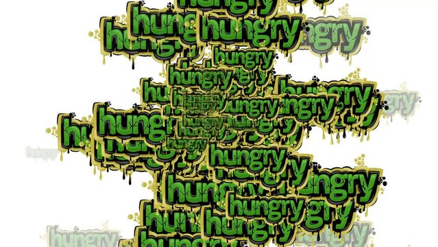 animated video scattered with the words HUNGRY on a white background