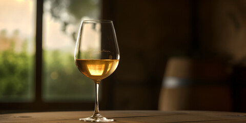 Glass of white wine on wooden table on blurred wooden barrel background in winery. AI generated