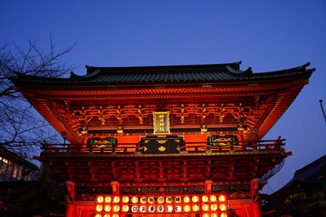 神田明神、神社、夜、東京、日本、看板、鳳凰、鳥、ランタン、屋根、赤、さざれ石、石、青、ライトアップ