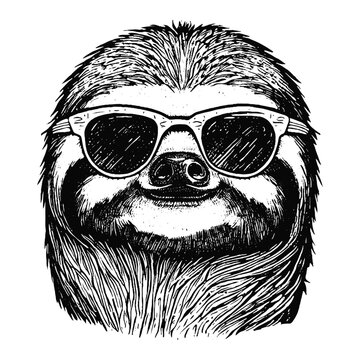 funny cool sloth wearing sunglasses sketch, summer illustration