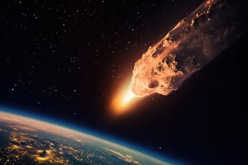 Obraz na płótnie Canvas asteroid falls to the ground against a starry sky. AI
