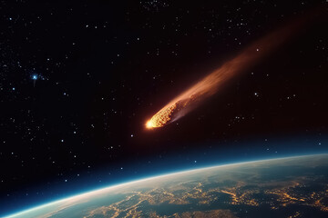 asteroid falls to the ground against a starry sky. AI