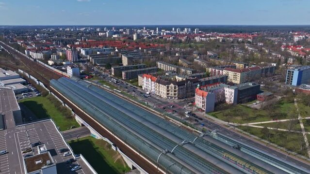 Drone shot of Berlin Spandau railway station in the district of Spandau , Berlin , Germany